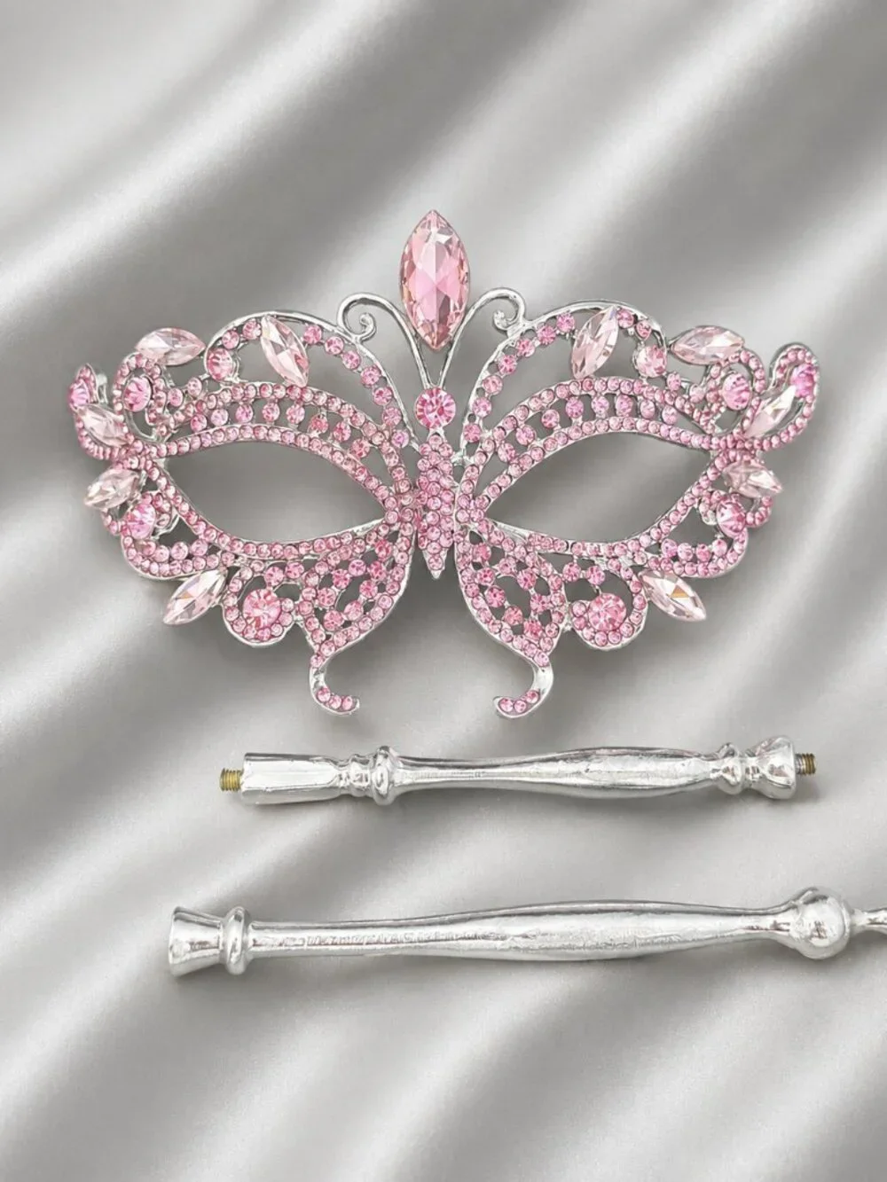 Pink Crystal Masquerade Mask with Silver Stick,Wedding Photo Prop, Prom Mask